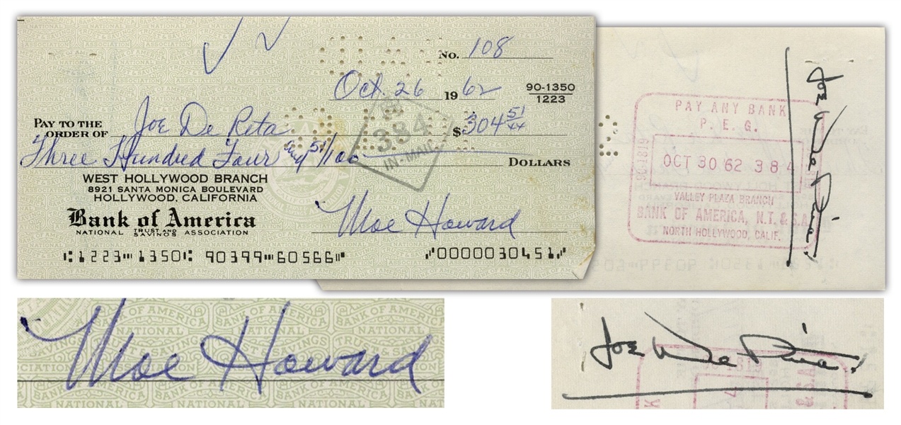 Moe Howard Check Signed to Joe DeRita -- Endorsed by DeRita on Verso -- Dated 26 October 1962 -- Very Good Condition